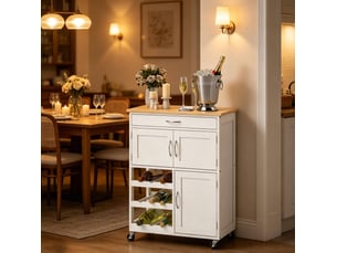 Desserte de cuisine avec tiroir, 3 portes, 9 porte-bouteilles et roulettes freinées, mdf blanc, 67 × 37 × 87 cm