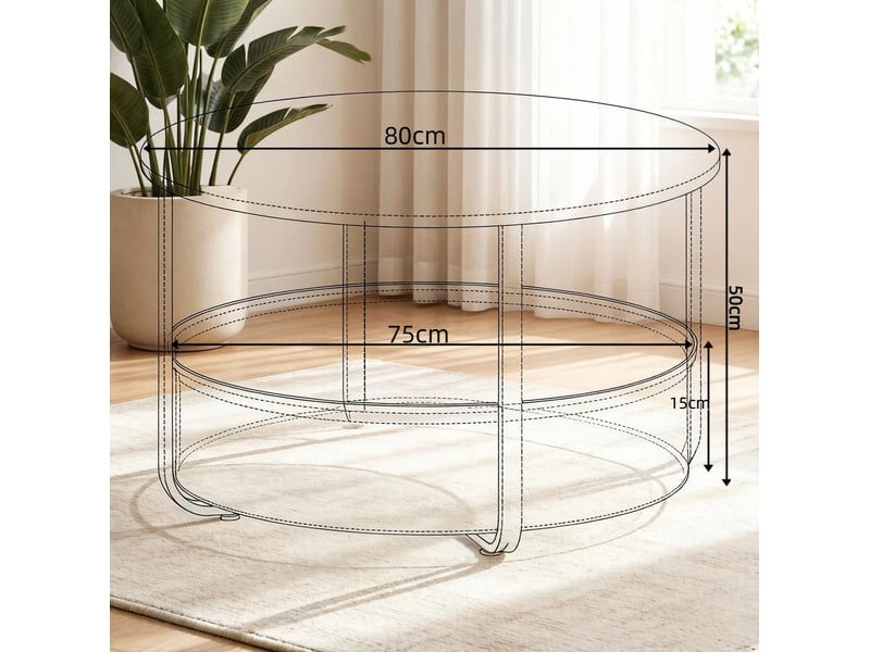  Table basse ronde avec panier de rangement amovible et pieds réglables pour salon, beige et blanc, ø 80 × 50 cm  - Conforama E