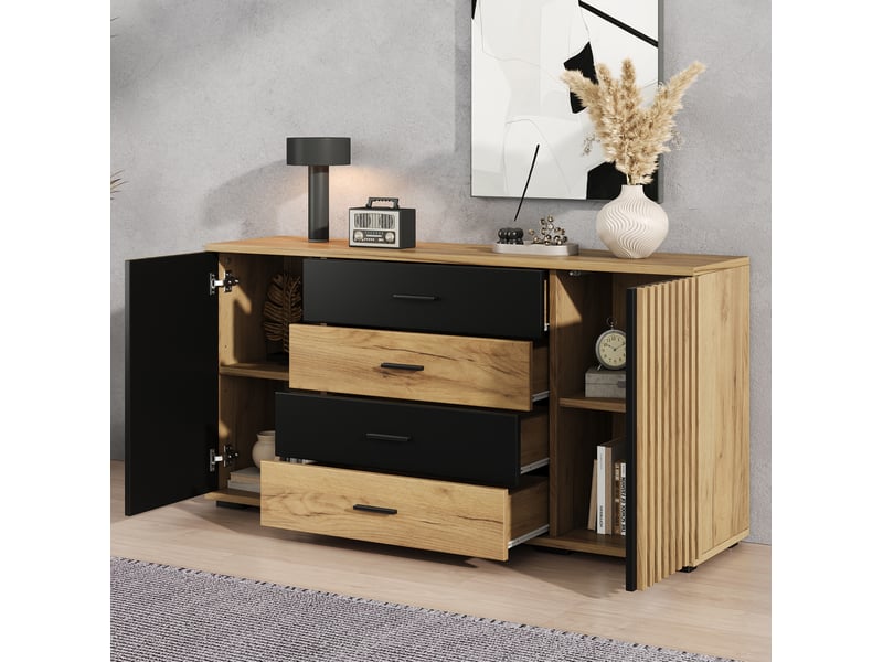  Buffet bas 140x35x70 cm, avec 2 portes, 4 tiroirs, étagères réglables, rainures verticales, mdf noir, rangement salon  - Conforama D
