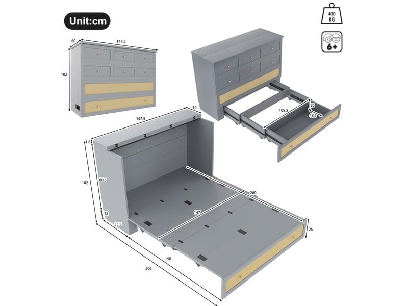  Lit escamotable 140x200cm coloris gris mdf lit enfant gris - Conforama C