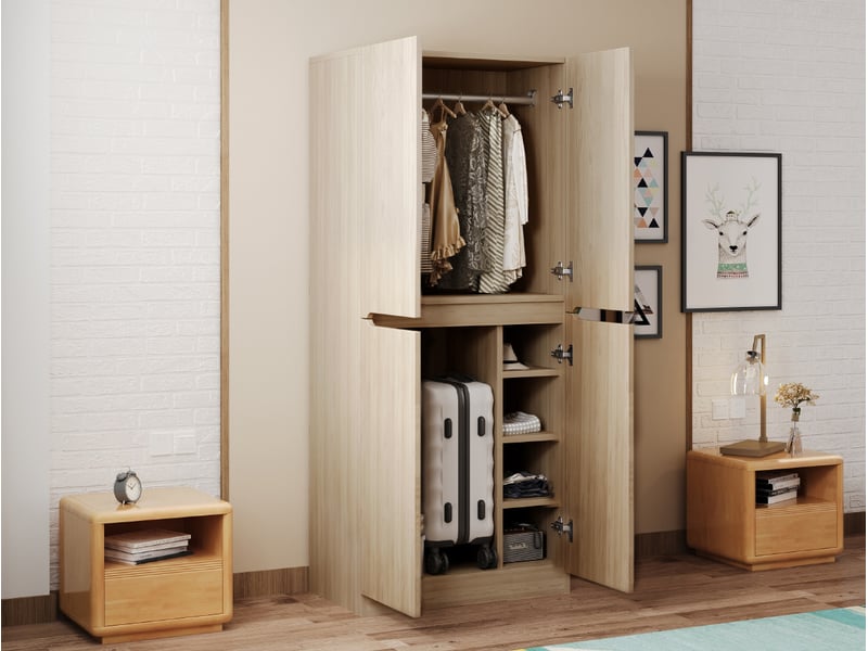  Armoire 70x40x170cm 4 portes, rangement pratique, penderie et compartiments, style moderne, bois et métal, couleur bois  - Conforama B