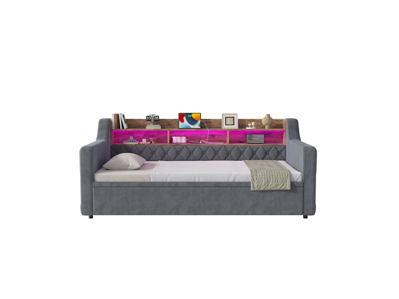 Sofa-lit en velours gris foncé 90 x 190 cm - Conforama A