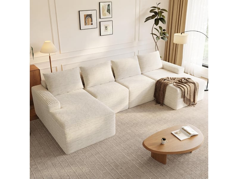  Canapé d'angle modulable 4 places avec méridienne, velours côtelé beige, design moderne pour salon élégant  - Conforama B