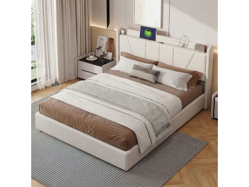 Lit 160x200cm - lit coffre 160x200cm - lit hydraulique en lin avec tête de lit à rangement, 2 ports usb et 1 port type-c - beige - Conforama D