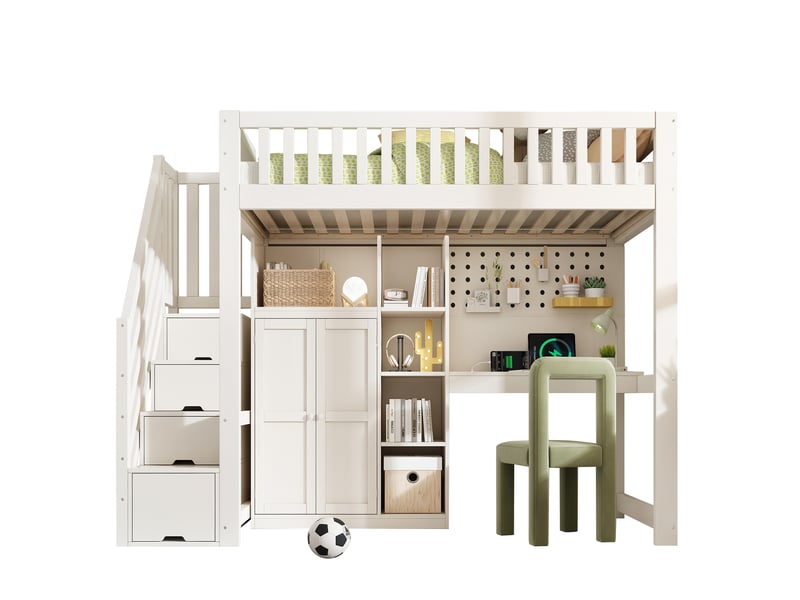  Lit mezzanine enfant 90 x 200 cm avec bureau et armoire intégrés, escalier à placards, étagères et ports usb-c, bois, blanc Morn Vibe - Conforama A