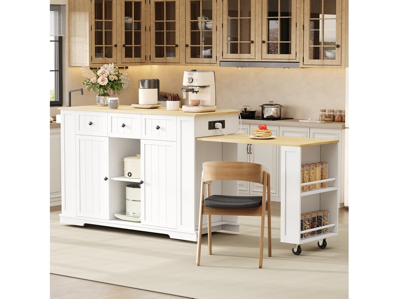  Îlot de cuisine mobile avec table extensible 138-213 x 55 x 93 cm, blanc et bois  - Conforama D