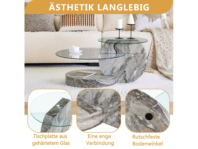  Table basse ronde 90x70x44 cm à 2 niveaux, verre de sécurité et mdf, pour salon, élégante, gris marbre et transparent  - Conforama E