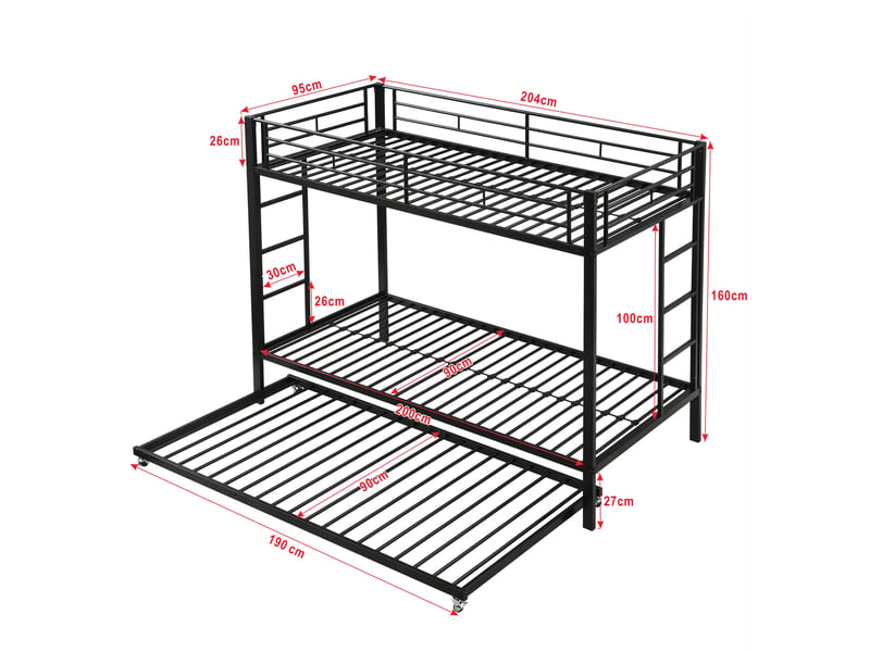 Lit superposé 90 x 200 cm, lit enfant à trois couchages, couchage gigogne, sommier à lattes inclus, rangements intégrés, métal, noir Morn Vibe - Conforama C
