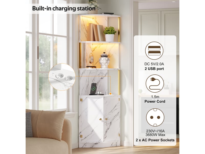  Meuble d’angle de rangement avec 2 portes, étagères ouvertes, éclairage led et prises pour cuisine 38×38×180 cm  - Conforama E