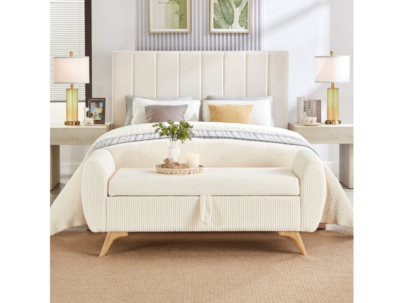  Banc de rangement pliable 145 x 51 x 57 cm en velours côtelé beige, avec pieds en bois  - Conforama B