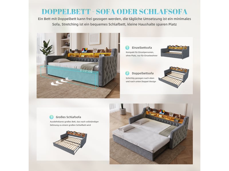  Canapé-lit 90x190 cm, lit enfant, couchage d'appoint, sommier à lattes, couchage gigogne extensible, led, velours gris foncé  - Conforama E
