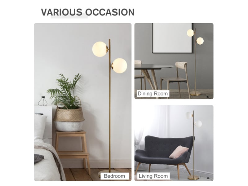 Lampadaire 2 lumières moderne, acier et verre doréblanc, h165 cm, abat-jour en verre, pour salon - Conforama B