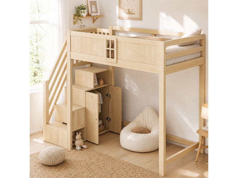  Lit mezzanine 90x200 cm avec rangement et échelle réversible en bois coloris naturel  - Conforama D