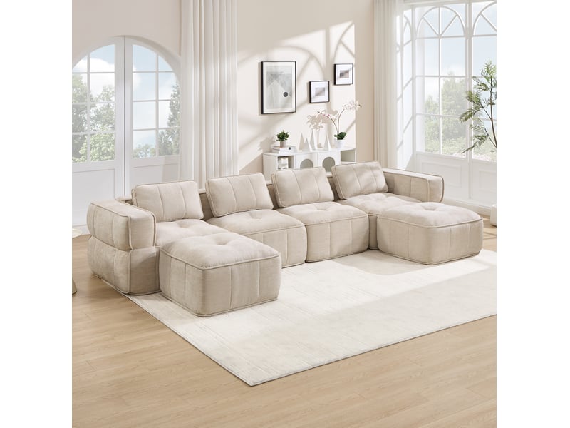  Canapé panoramique en u 4 places modulaire avec 2 repose-pieds et mousse 32d, en polyester beige, 344 × 162 × 67 cm  - Conforama D