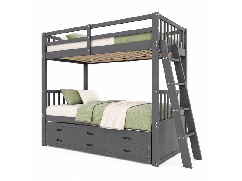  Lit superposé enfant 90 x 200 cm gris avec lit gigogne, 3 tiroirs et échelle  - Conforama A