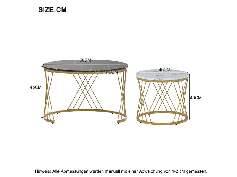  Tables basses gigognes rondes 70x45+45x40 cm, placage marbre, table de salon, canapé et chambre, métal et mdf, noir  - Conforama C