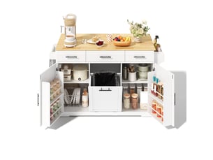 Desserte de cuisine avec 3 tiroirs, 2 étagères de porte, poubelle, prises et roulettes pour cuisine en mdf 136×50×92 cm