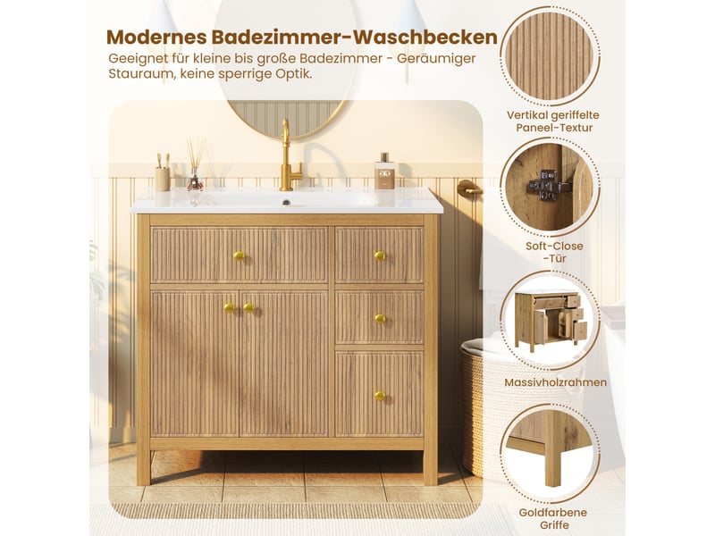 Meublede salle de bain 91 cm avec vasque céramique,91 x 48 x 88 cm,bois naturel mdf et bois massif,texture ondulée,fermeture amortie - Conforama R