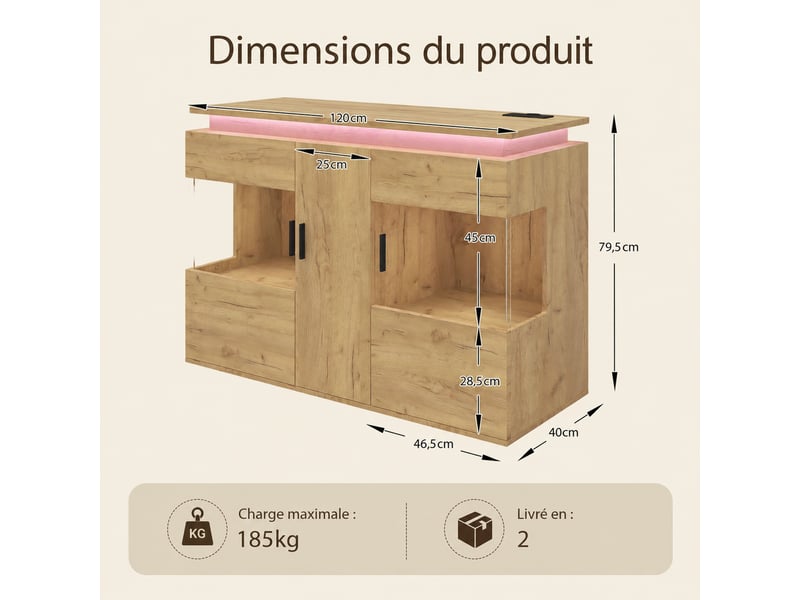  Buffet avec portes vitrées, led et station de charge pour salon 120×40×79,5 cm chêne clair  - Conforama E