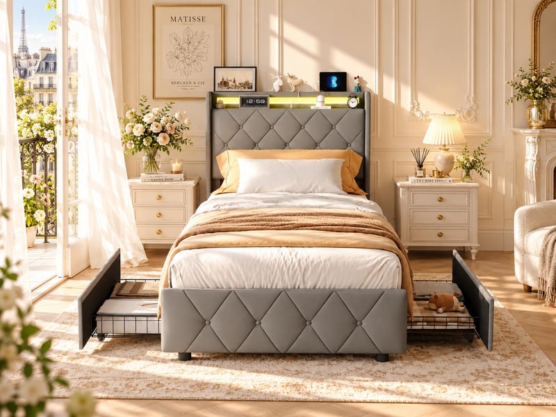  Lit 90x200 cm avec led, tête de lit avec étagère, lit capitonné pu gris, sommier à lattes inclus, style moderne  - Conforama B