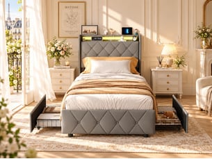 Lit 90x200 cm avec led, tête de lit avec étagère, lit capitonné pu gris, sommier à lattes inclus, style moderne