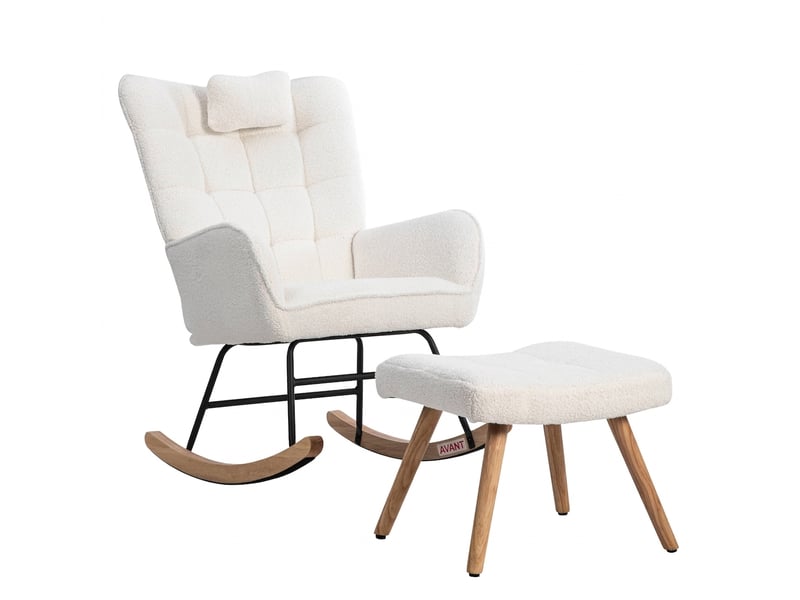  Fauteuil à bascule blanc avec repose-pieds et coussin, tissu polaire bouclette, largeur 65 cm  - Conforama A