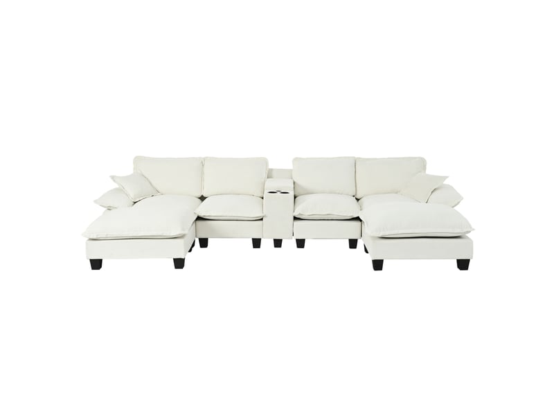  Canapé panoramique en u avec usb, rangement et porte-gobelets - ottomane modulable chenille beige 362 × 151 × 90 cm  - Conforama A