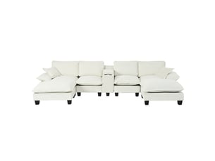 Canapé panoramique en u avec usb, rangement et porte-gobelets - ottomane modulable chenille beige 362 × 151 × 90 cm