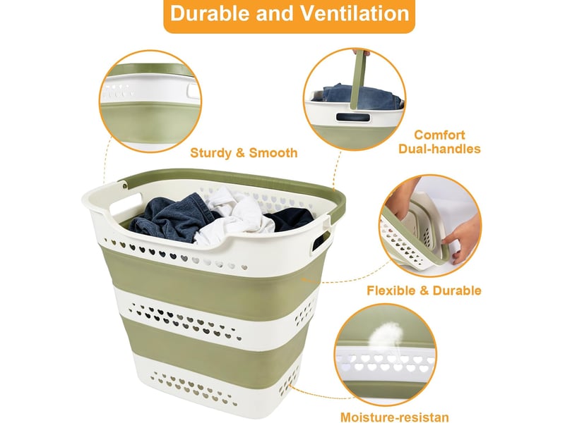  Lot de 2 paniers à linge pliables 42 l, corbeilles en plastique avec poignées, gain de place pour vêtements, vert  - Conforama E