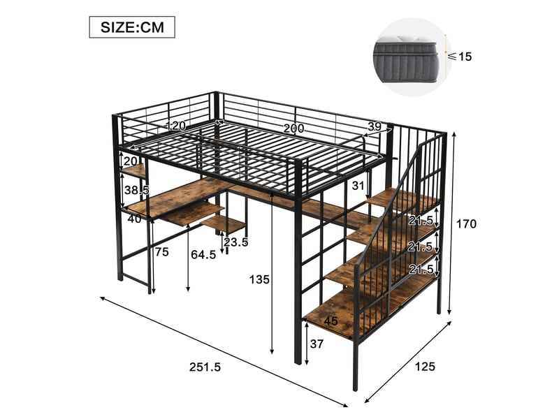  Lit mezzanine 120x200 cm, structure en métal et bois, coloris noir, rangements intégrés, bureau intégré, escalier sécurisé, sommier à lattes inclus  - Conforama C