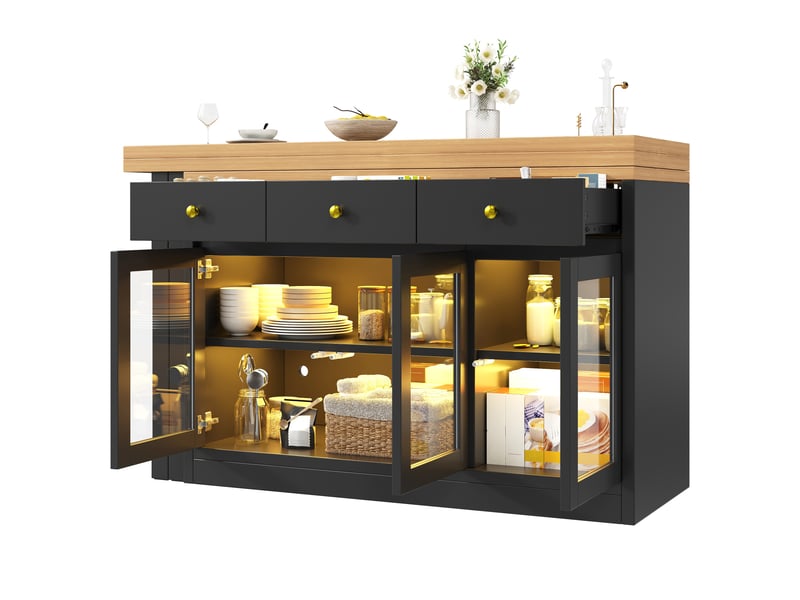 Îlot de cuisine extensible 120-200 cm avec led rgb, 3 tiroirs et 3 portes vitrées, table bar en mdf noir - Conforama D