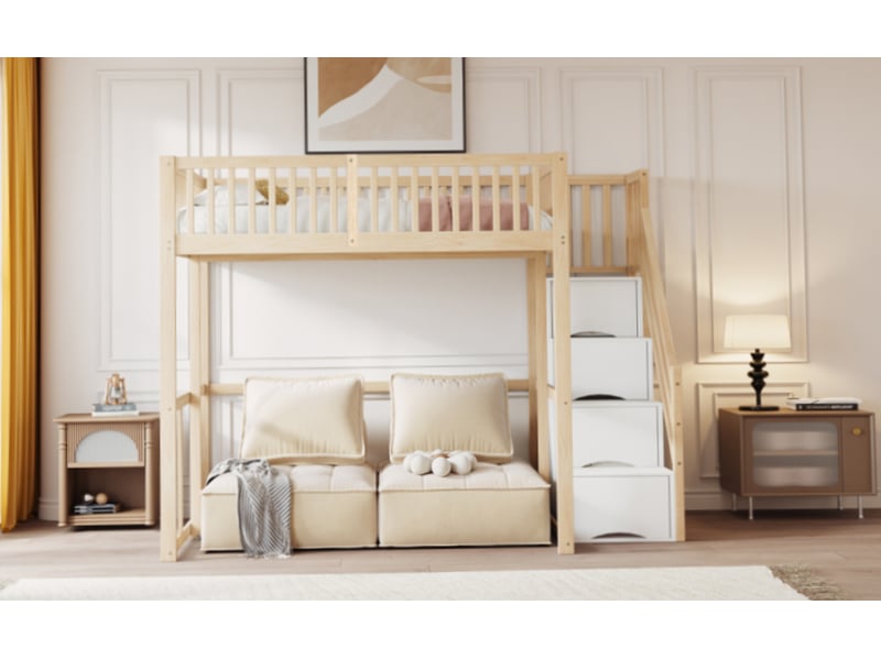  Lit mezzanine 140x200 cm avec échelle de rangement, cadre de lit adulte en pin avec sommier à lattes, lit double, bois naturel  - Conforama R