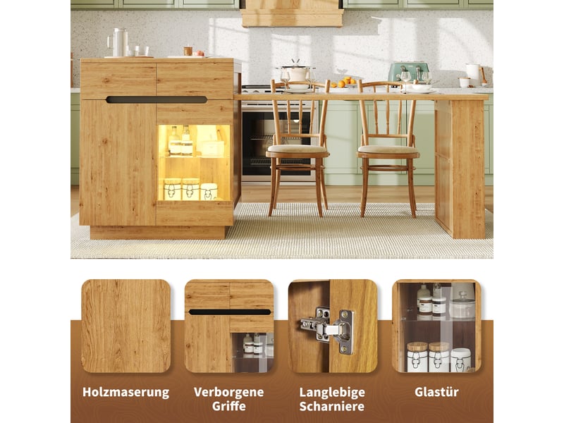  Îlot de cuisine avec table extensible éclairage led effet chêne l 122-195 cm  - Conforama D