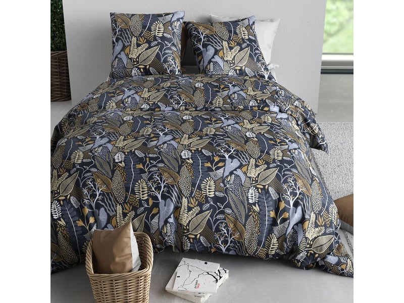  Parure housse de couette 260x240cm + 2 taies motif feuillage bleu et beige 100% coton - maelia MAELIA - Conforama C
