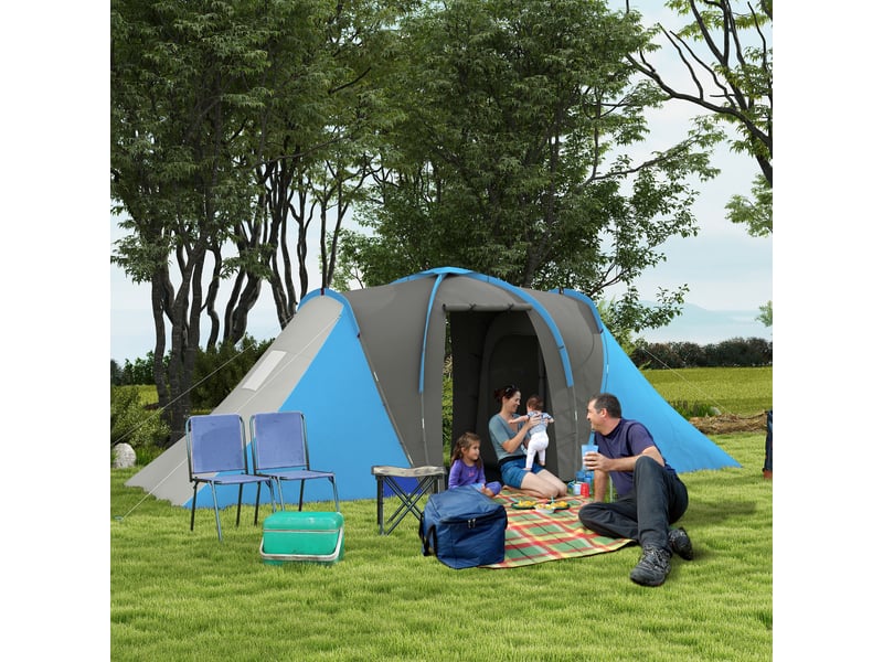  Tente tunnel, tente de camping imperméable 2000 mm pour 4 personnes, avec 2 chambres, un espace de vie et un sac de transport, gris et bleu.  - Conforama D