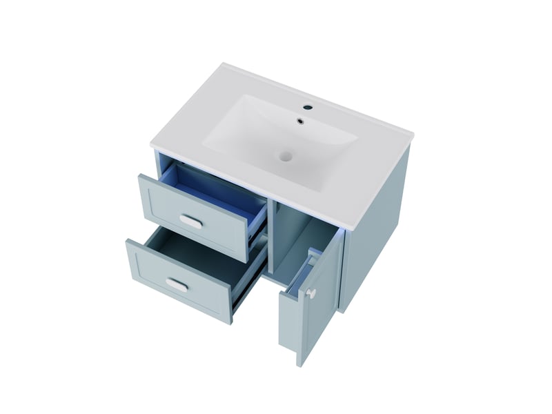  Meuble vasque mural salle de bain bleu 76 cm avec lavabo intégré, led et 2 tiroirs silencieux  - Conforama E