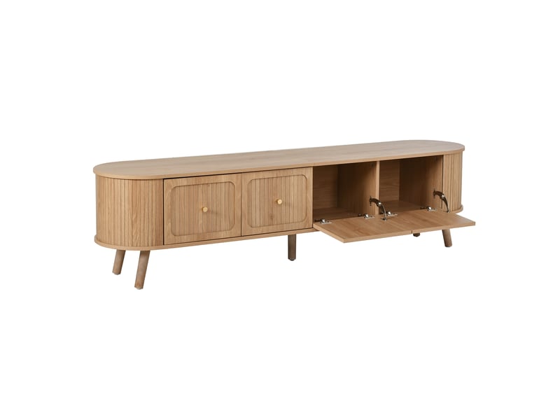 Meuble tv 180 cm avec 4 portes rainurées, poignées dorées et bords arrondis, mdf et panneau de particules, effet chêne Fay Lum - Conforama E