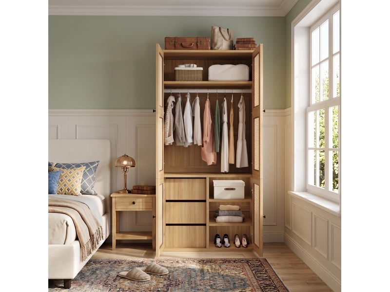 Armoire 90x47x200 cm à portes battantes, portes en rotin, 1 barre de penderie, 3 tiroirs, mdf, bois clair  - Conforama D