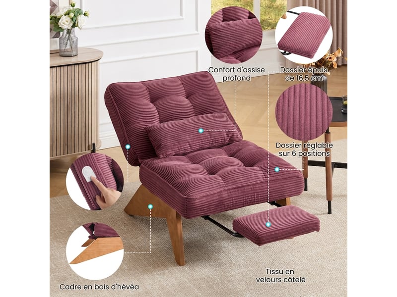 Fauteuil de salon inclinable avec repose-pieds 127x73x90cm velours côtelé rouge bordeaux loungesessel cord burgunderrot - Conforama B
