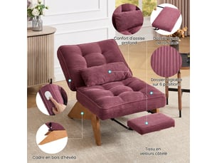 Fauteuil de salon inclinable avec repose-pieds 127x73x90cm velours côtelé rouge bordeaux loungesessel cord burgunderrot