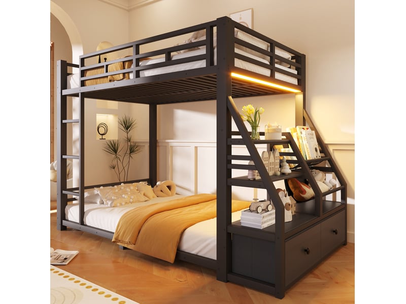 Lit superposé 2 couchages 90x200 cm led, 2 tiroirs tissu, rangements, structure sécurisée métal, noir sans matelas - Conforama D