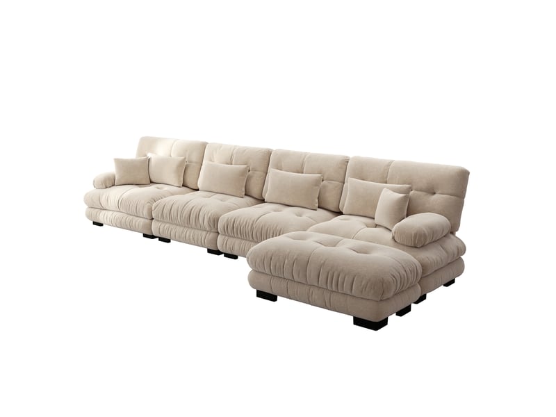 Canapé d'angle, canapé modulable – 4 places, marron clair, style cloud, pouf amovible, en chenille - Conforama B