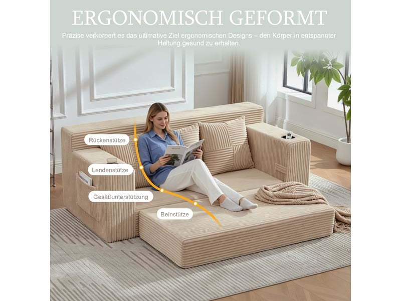  Canapé 3 places en velours côtelé, sans montage, design modulaire, porte-gobelets, rangements latéraux, 172×87×64 cm  - Conforama E