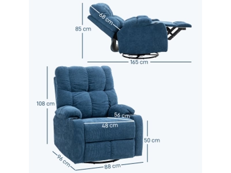  Fauteuil relax inclinable bleu foncé, pivotant et à bascule, repose-pieds et porte-gobelets pour salon  - Conforama C