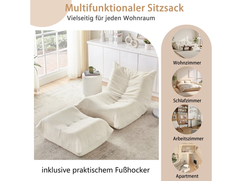  Fauteuil relax beige avec dossier et pouf, tissu bouclette doux, siège de sol confortable pour salon, chambre et bureau  - Conforama D