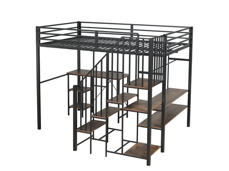  Lit superposé en fer, idéal pour enfants et adolescents, avec penderie d'angle à échelle et rangements, table et étagère intégrées, penderie ouverte, structure en fer et mdf, coloris noir et bois vieilli, 120 x 200 cm  - Conforama E
