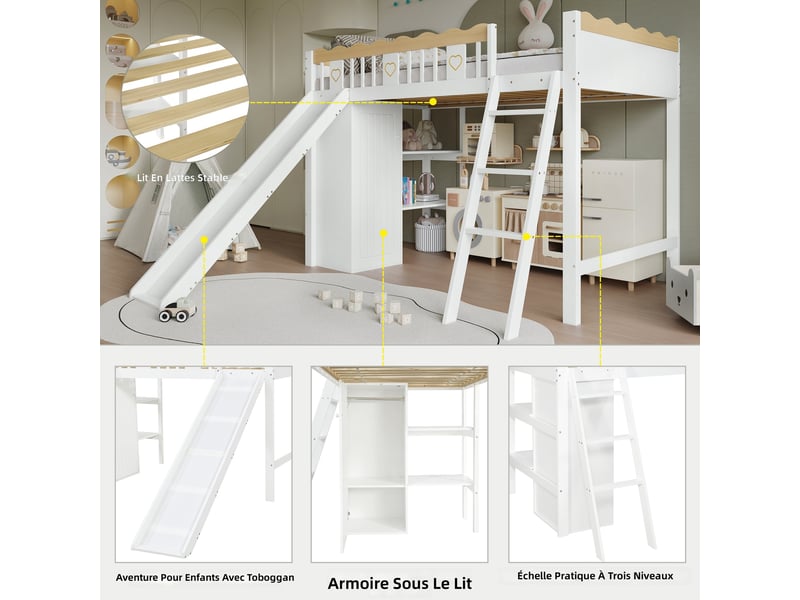 Lit mezzanine enfant en bois 90x200 cm, toboggan, penderie, rangement sous le lit, garde-corps, mdf, pin et contreplaqué, blanc et naturel Seren Glow - Conforama D