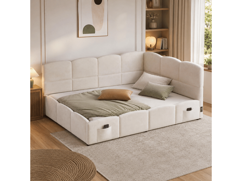  Lit coffre enfant 140x200 cm beige velours avec sommier à lattes usb rangement sans matelas  - Conforama B