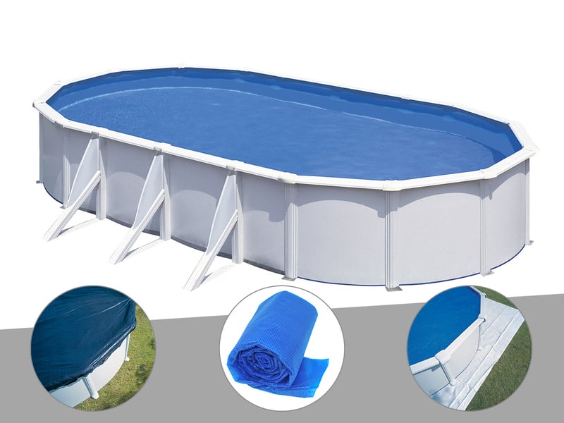 Kit piscine acier blanc gré fidji ovale 7,44 x 3,99 x 1,22 m + bâche hiver + bâche à bulles + tapis de sol - Conforama A