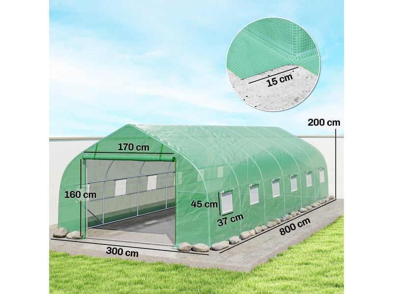  Serre tunnel en pe et acier de 8 x 3 x 2 m avec porte enroulable et fenêtres, verte  - Conforama E